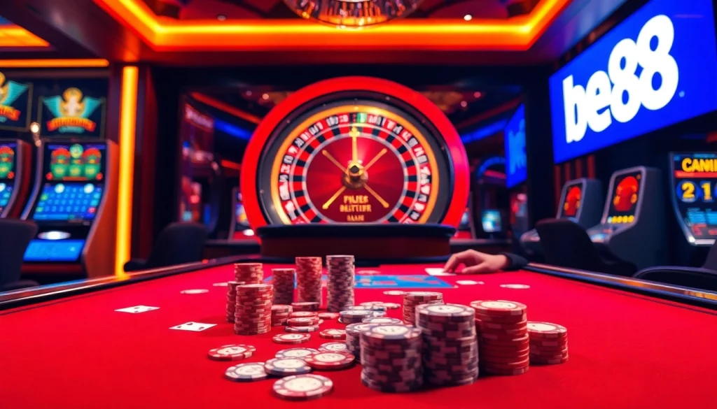 Bet88 players engaging in high-stakes gambling at a luxurious casino table.