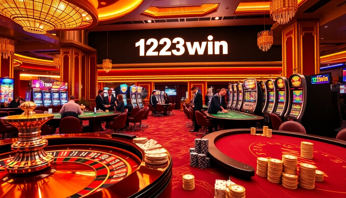 Exciting gambling scene with players, poker tables, and 123win branding showcasing thrilling casino experience.