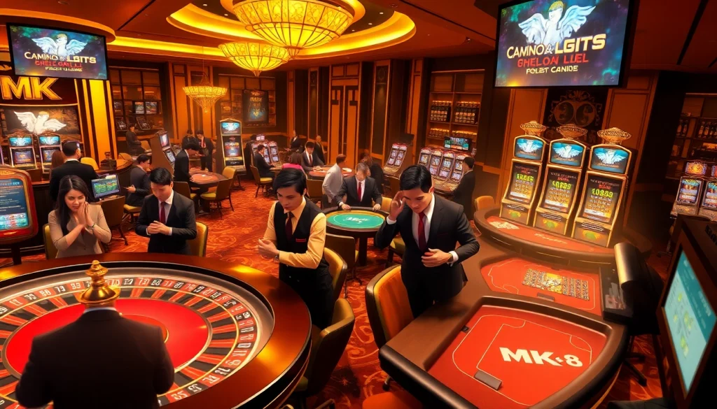 Casino players enjoying high-stakes MK 8 games at luxurious roulette and poker tables.