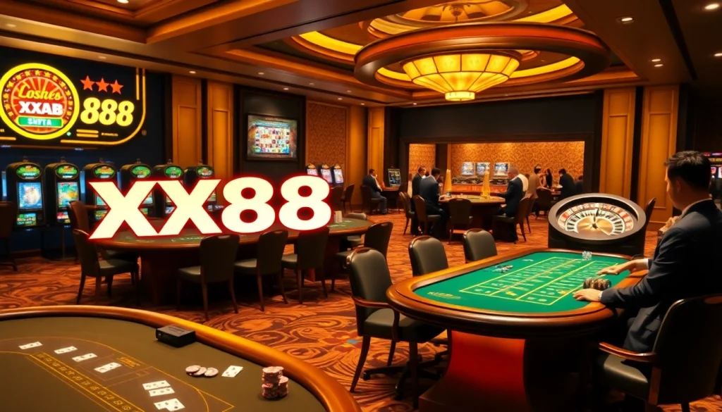 Experience thrilling gaming at XX88 with stylish casino tables and vibrant slot machines.