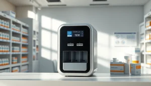 Automatic pill dispenser showcasing modern design and technology in a pharmacy setting.