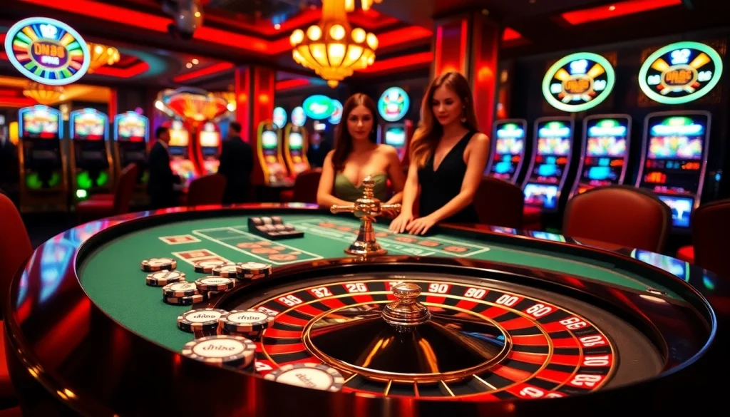 Experience the excitement at dn88’s luxurious casino with a stunning roulette table and vibrant atmosphere.