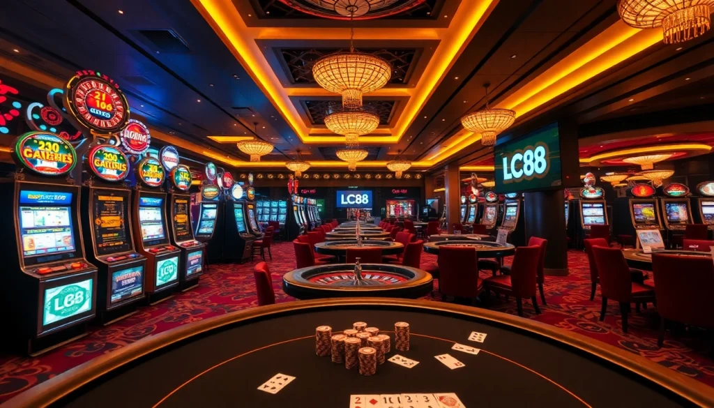Engage with exciting games at LC88, featuring vibrant casino tables and luxurious slot machines.