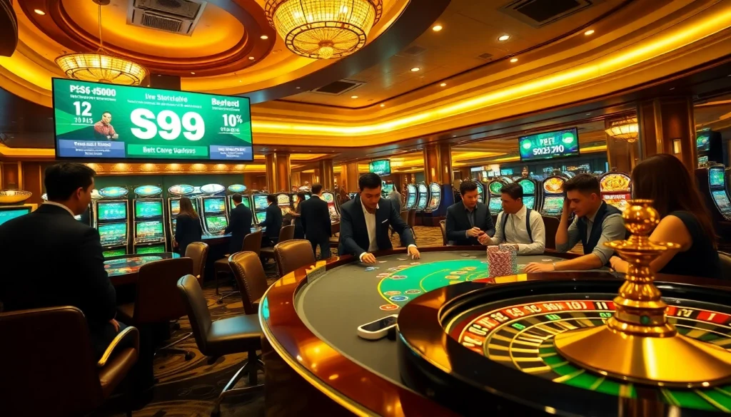 Engage in thrilling casino action with PS99 betting, showcasing poker chips, roulette, and glamorous tables.