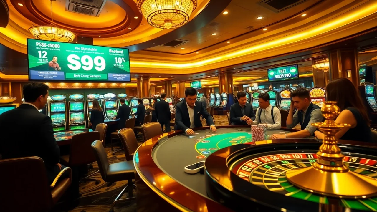 Engage in thrilling casino action with PS99 betting, showcasing poker chips, roulette, and glamorous tables.