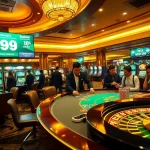 Engage in thrilling casino action with PS99 betting, showcasing poker chips, roulette, and glamorous tables.