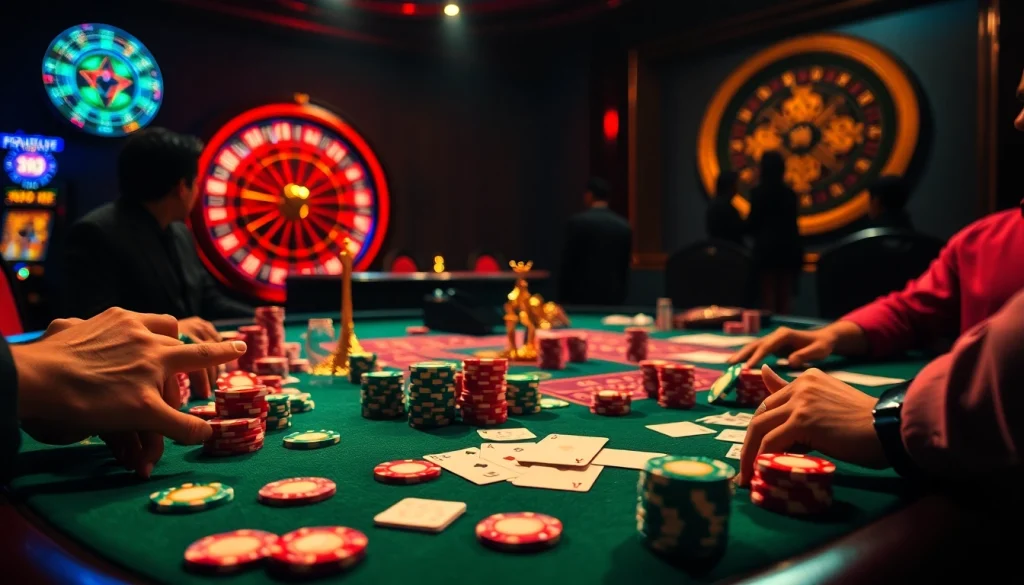 Engaging players at the luxurious game bài 88BET table amidst chips and cards.