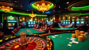 Experience the thrill of gameplay at Luckywin's vibrant casino scene with roulette and poker excitement.