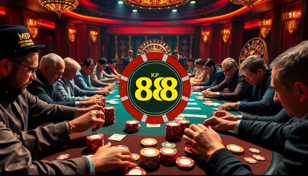 Players engaging in an intense poker game at KP 88 casino table with vibrant chips and cards.