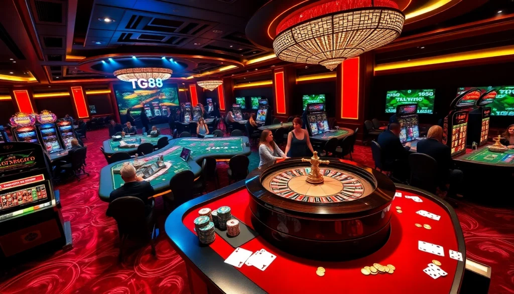 Exciting gaming at TG88 casino with poker tables, roulette, and vibrant slot machines.