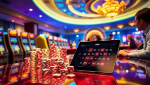uu88 casino scene featuring slot machines, poker chips, and engaging players in a lively atmosphere.