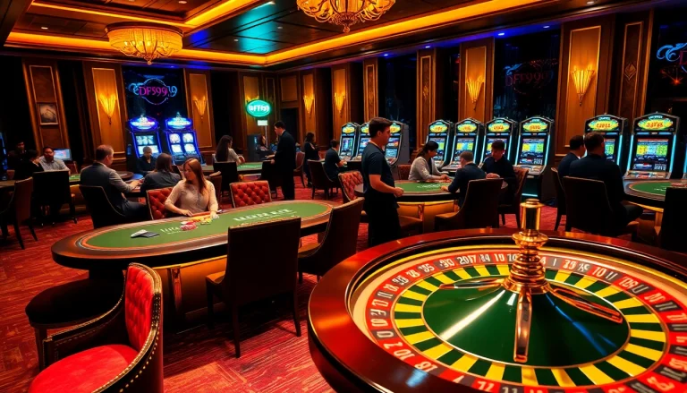 Experience a thrilling game night at DF999 casino with poker tables and vibrant slot machines.