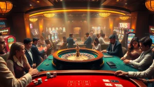 Experience the excitement of gambling at nhà cái FIVE88 with a vibrant casino scene featuring players at a roulette table.