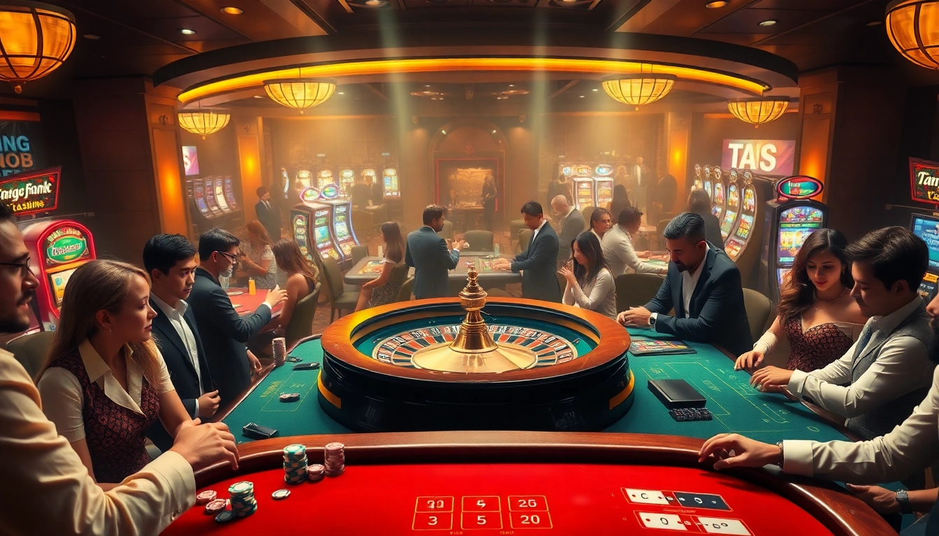 Experience the excitement of gambling at nhà cái FIVE88 with a vibrant casino scene featuring players at a roulette table.