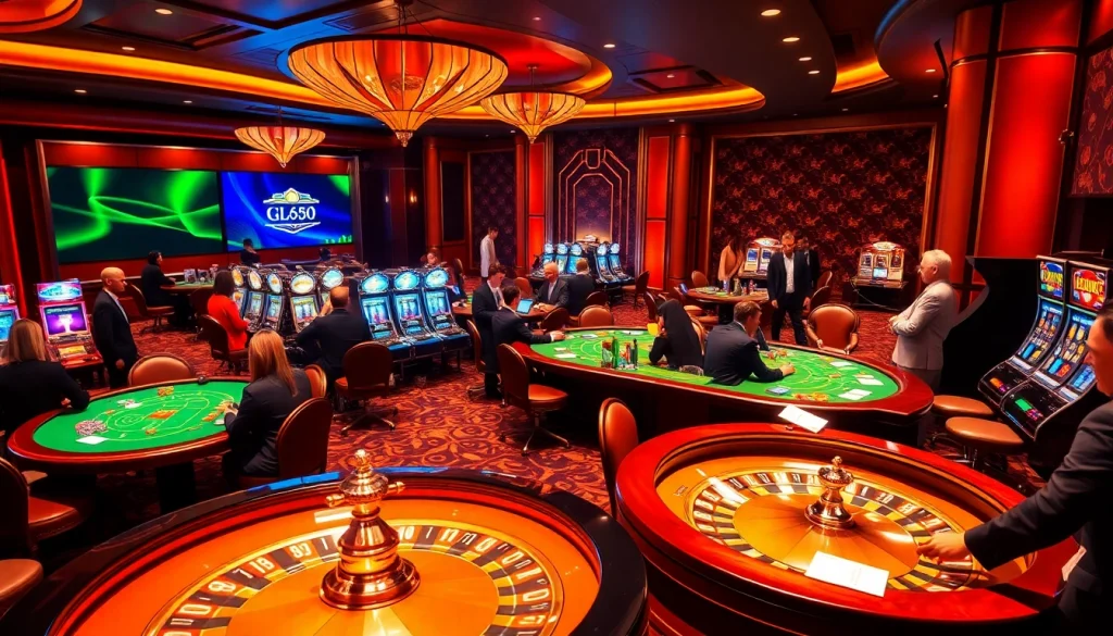 Engaging casino scene with jl55 theme featuring vibrant tables, exciting slot machines, and enthusiastic gamblers.