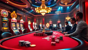 Experience the thrill of OKKING gaming with vibrant poker tables and dynamic casino elements.