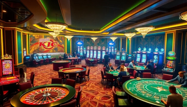 KJC gaming lounge with luxurious casino tables, thrilling gameplay, and vibrant slot machines.