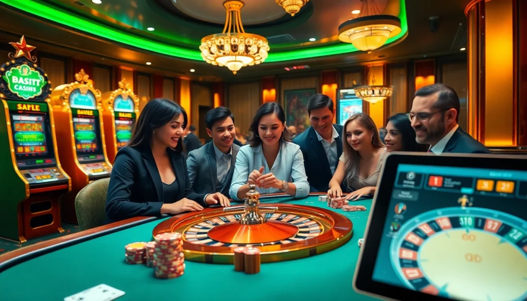 Players enjoying the excitement at uk88 casino with vibrant slot machines and poker tables.