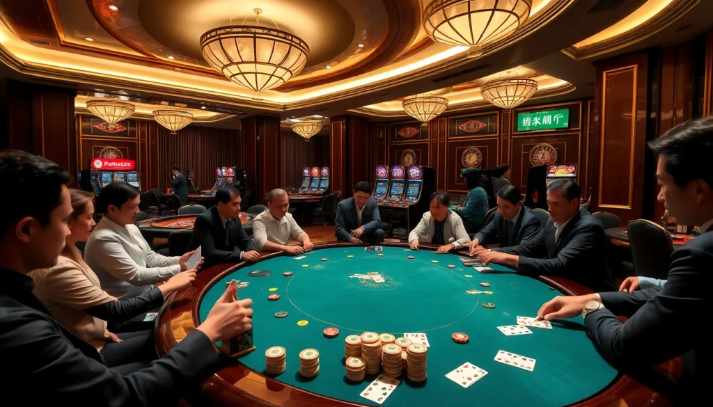 A lively game bài scene in a luxurious casino with players at a poker table and vibrant gaming elements.