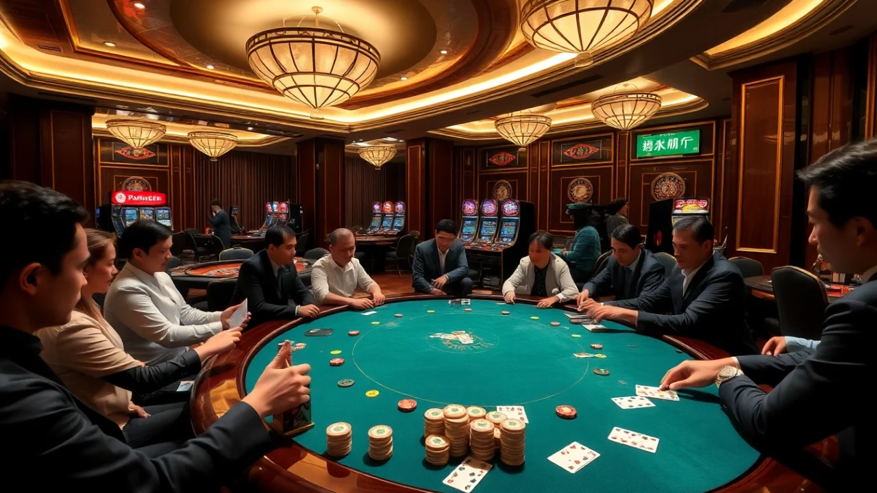 A lively game bài scene in a luxurious casino with players at a poker table and vibrant gaming elements.