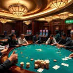 A lively game bài scene in a luxurious casino with players at a poker table and vibrant gaming elements.
