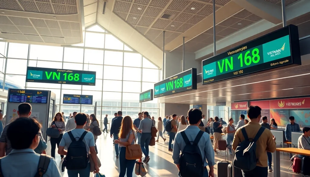 VN168 flight status at a modern airport, showcasing bustling travelers and vibrant Vietnam Airlines branding.