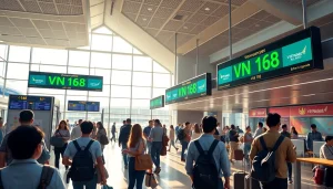 VN168 flight status at a modern airport, showcasing bustling travelers and vibrant Vietnam Airlines branding.