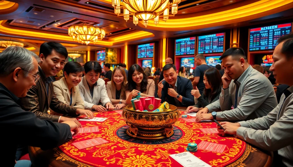 Xóc đĩa game setting with players engaged around a vibrant table, showcasing excitement and luxury.