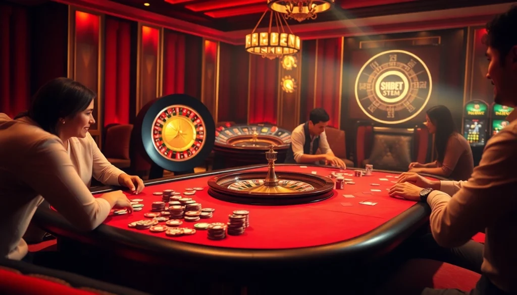 Gamblers enjoying the SHBET experience at a luxurious casino table with vibrant gameplay.
