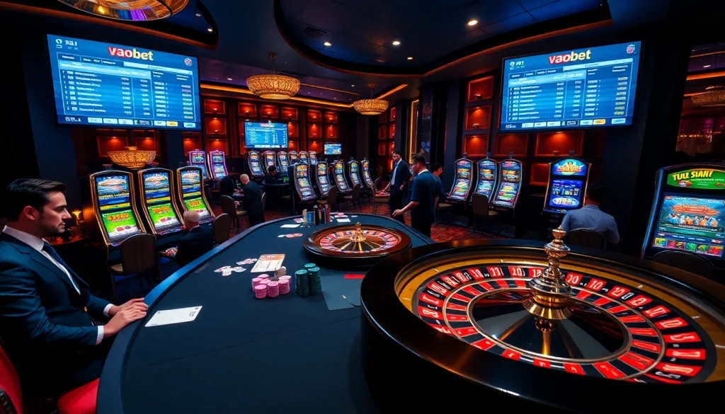 vaobet players enjoying a glamorous casino experience with poker chips and cards.