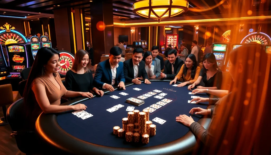 Excited players at the LUCK8 casino gaming table, engaged in a thrilling poker game.