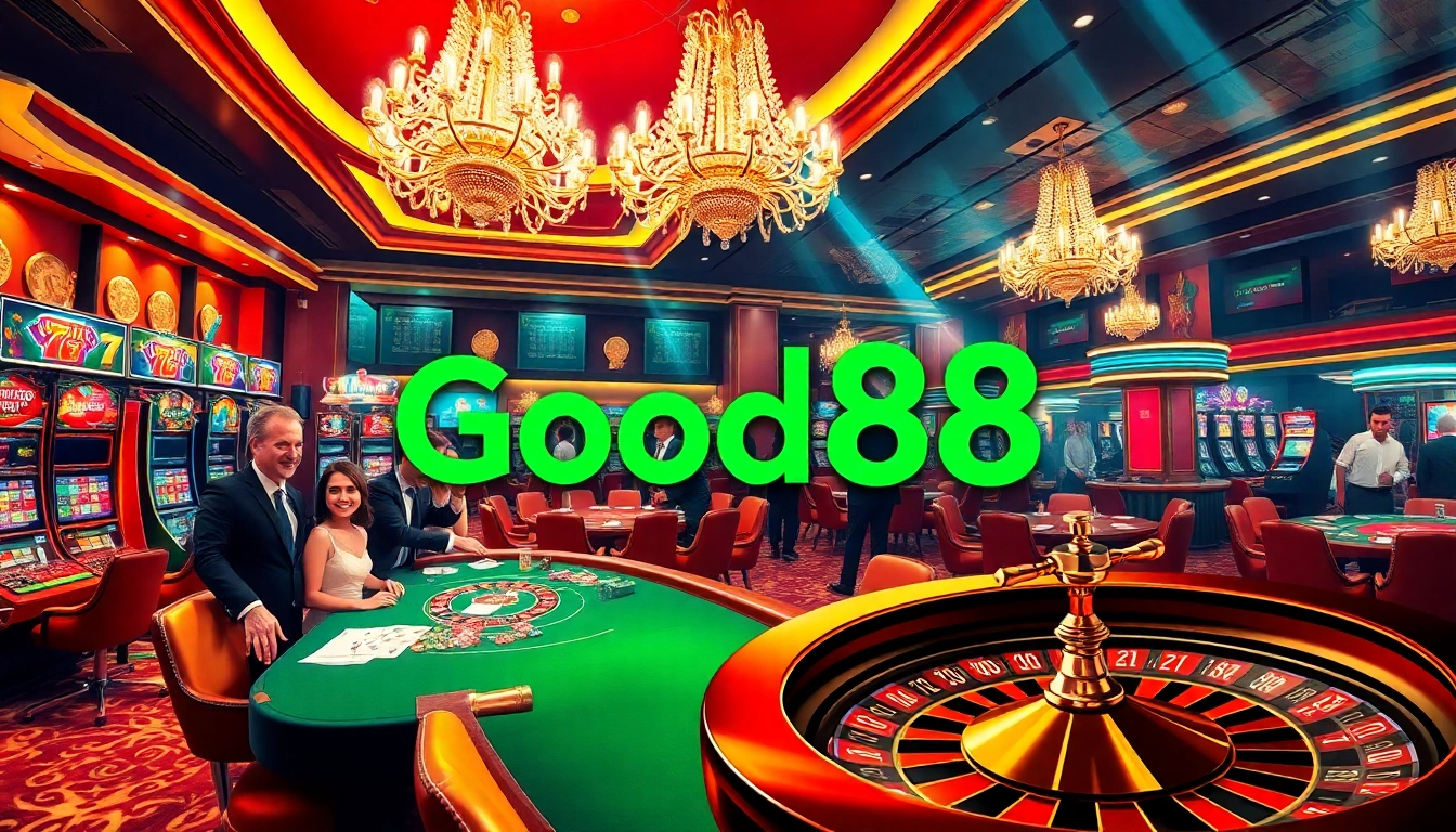 Excited gamblers place bets at Good88's luxurious casino tables filled with chips and cards.