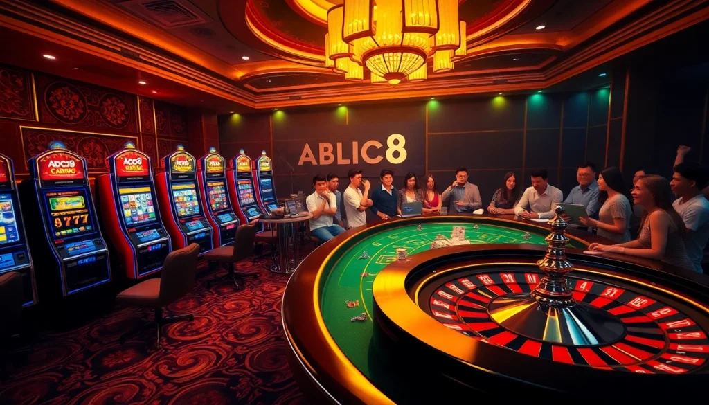 Experience the excitement of gambling at ABC8 with dynamic casino scenes of players enjoying roulette and poker.