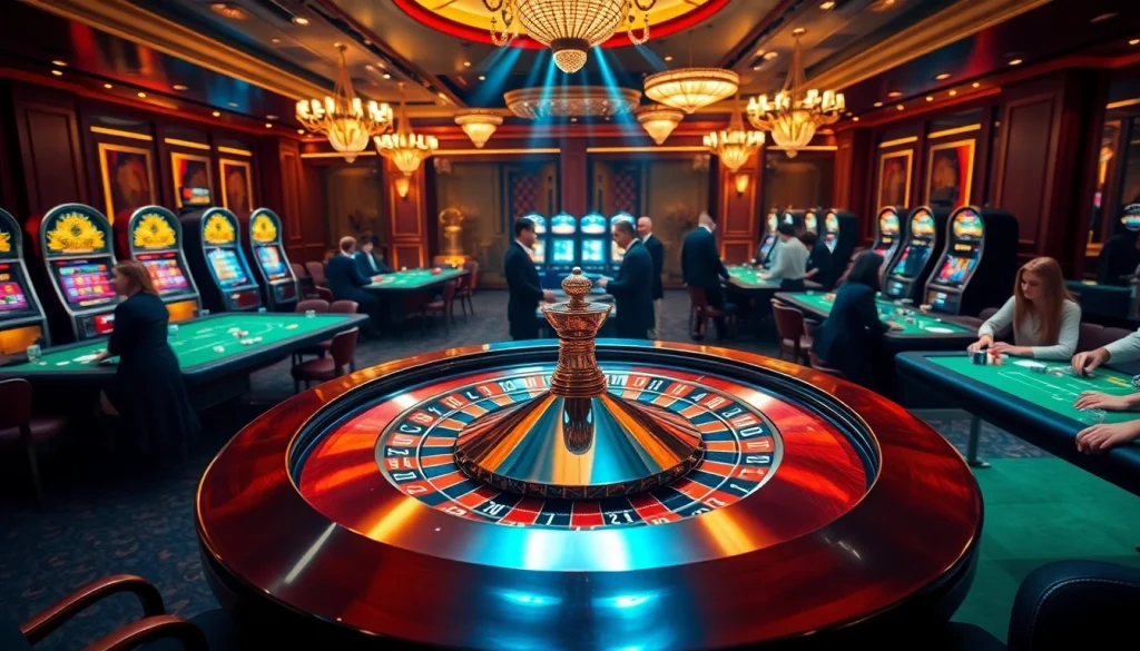 Experience thrilling gaming action at eejl77777.com with vibrant casino scenes showcasing roulette, poker, and slot machines.