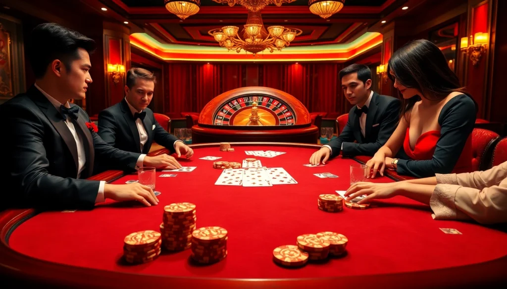 Players engaged in a thrilling poker game at Luck8 vip casino, showcasing elegance and high stakes.