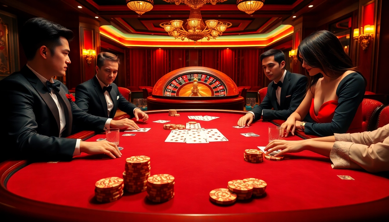 Players engaged in a thrilling poker game at Luck8 vip casino, showcasing elegance and high stakes.