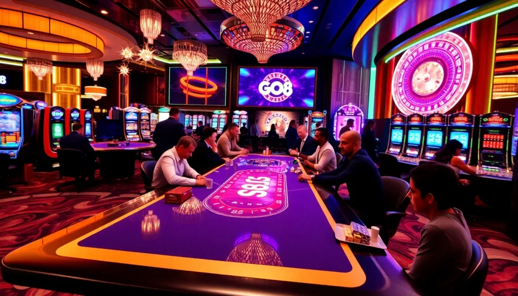 Players enjoying high-stakes poker at GO8's luxurious casino, surrounded by vibrant gaming elements.