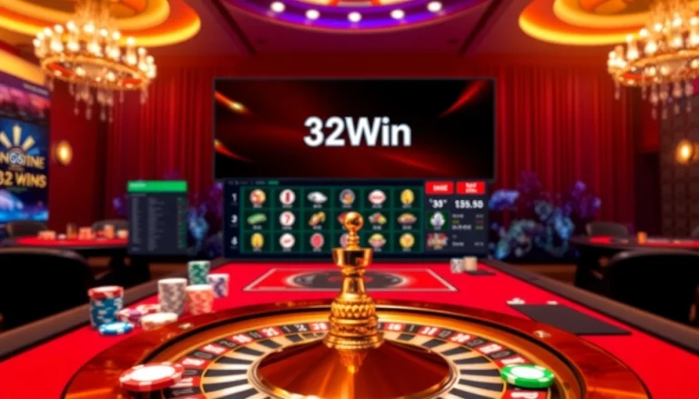 Experience the excitement of playing at 32Win's casino with vibrant poker tables and sleek digital interfaces.
