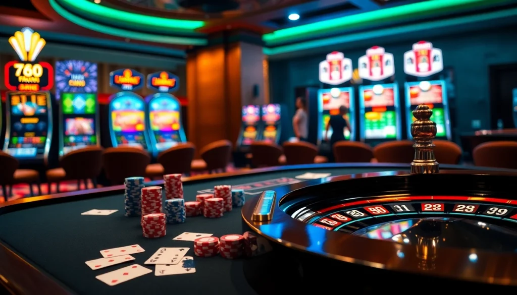 Experience the excitement of 789win with a vibrant casino scene featuring gaming tables and roulette wheels.