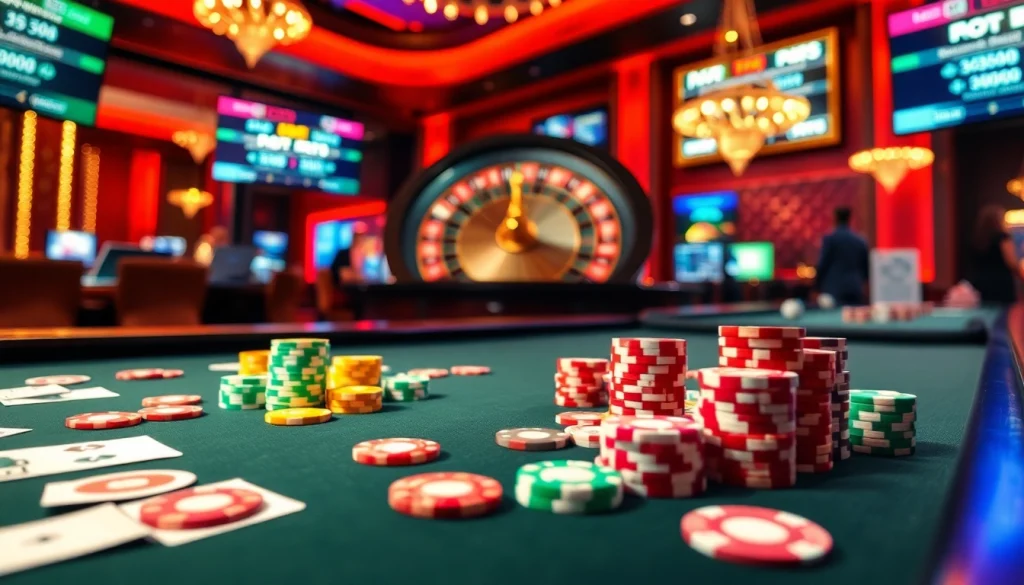 Engaged players experiencing the thrilling MMOO online casino atmosphere filled with poker chips and roulette wheels.