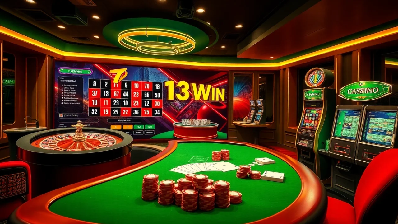 Experience the thrilling world of 13Win with vibrant casino visuals and gaming elements.
