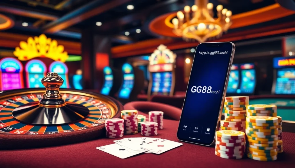 Play exciting games at https://gg88.tech/ in a vibrant casino atmosphere filled with poker chips and roulette wheels.