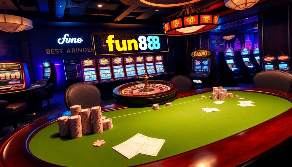 Engaging casino scene featuring fun88 branding with poker and gambling highlights, showcasing excitement and strategy.