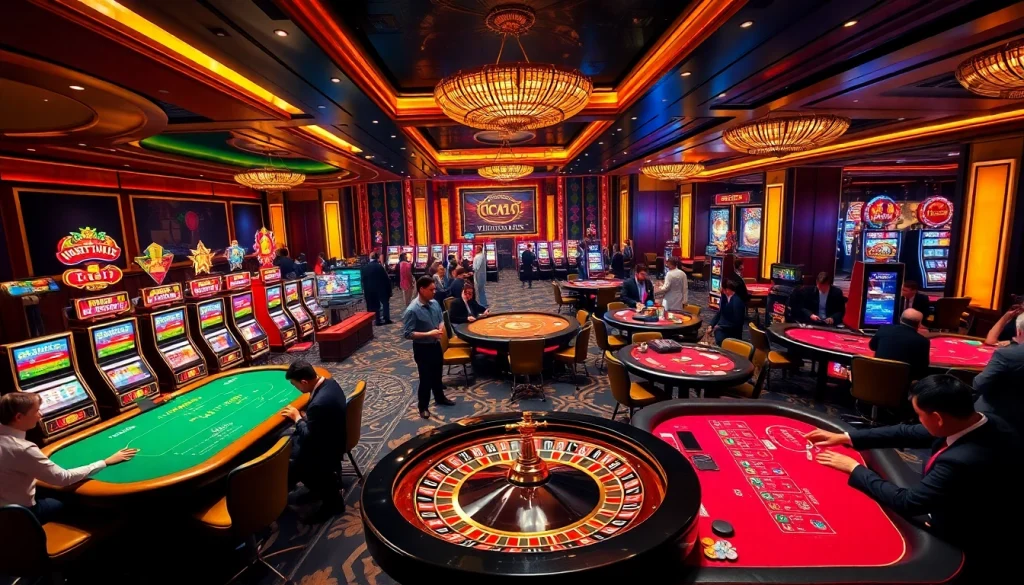 Engaging gaming atmosphere at Nhà cái Vua99 casino featuring players at poker and blackjack tables.