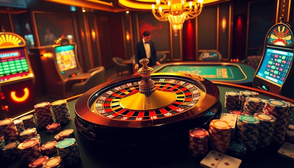 Experiencing luxury gambling at https://www.5z7776.com/ with vibrant poker chips and a roulette wheel.