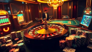 Experiencing luxury gambling at https://www.5z7776.com/ with vibrant poker chips and a roulette wheel.