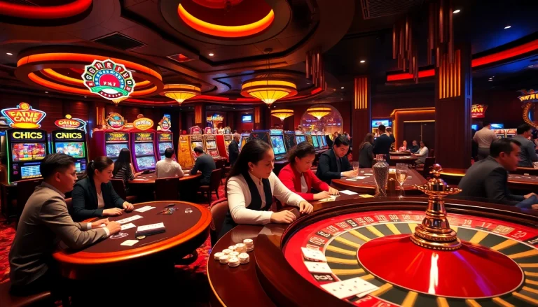 KJC Casino gaming scene with players at tables, exciting slot machines, and a vibrant roulette wheel.