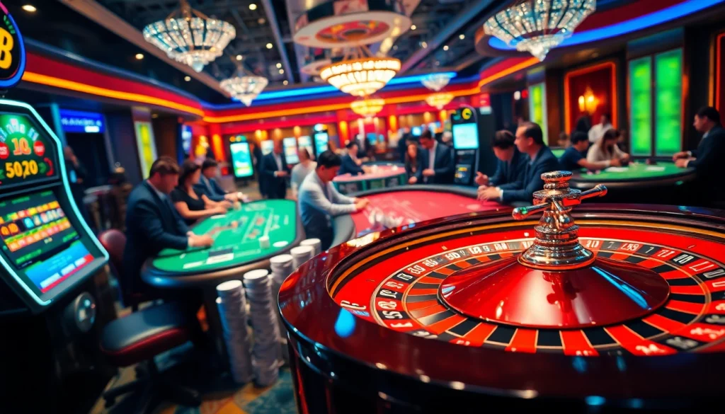 Exciting scene of Nhà cái F168 gambling action with players at tables, slot machines, and vibrant roulette.