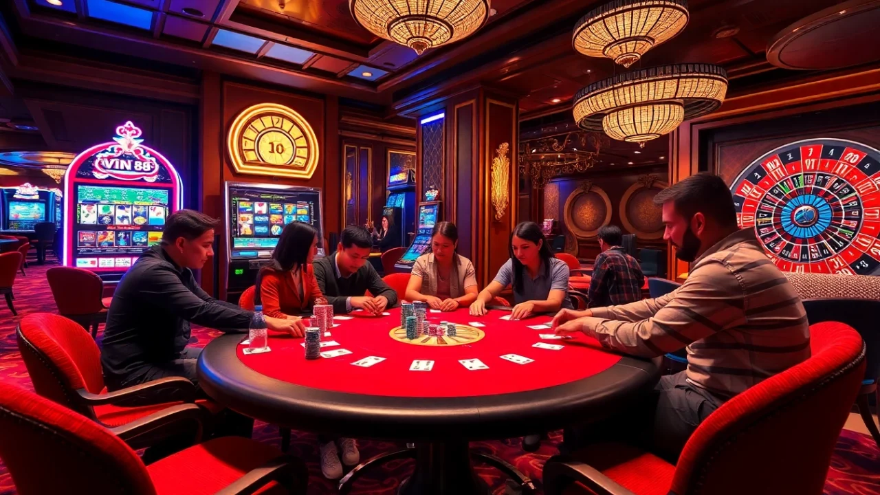 Players enjoying a game of poker at vin 88 casino, surrounded by vibrant slot machines and roulette.