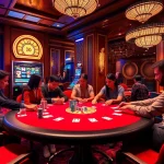 Players enjoying a game of poker at vin 88 casino, surrounded by vibrant slot machines and roulette.